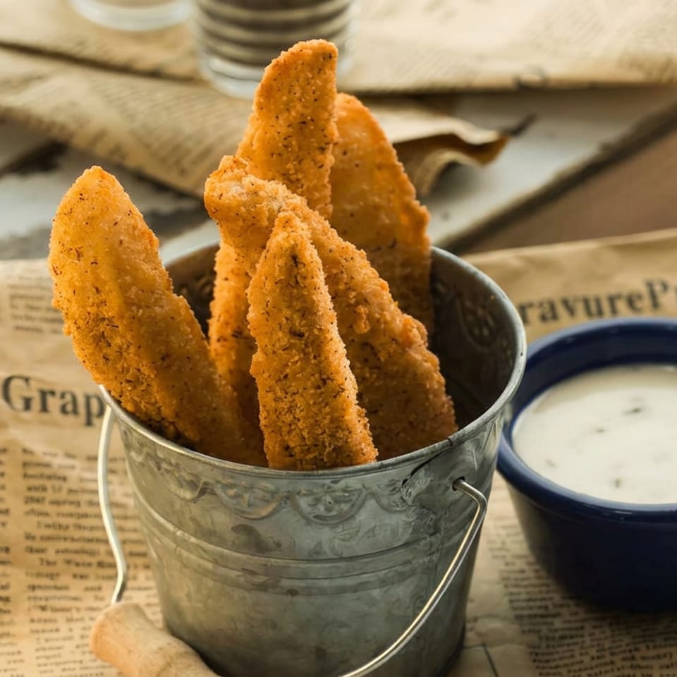 Crispy breaded fish strips stand in a metal bucket beside creamy dipping sauce on newspaper-style restaurant paper.