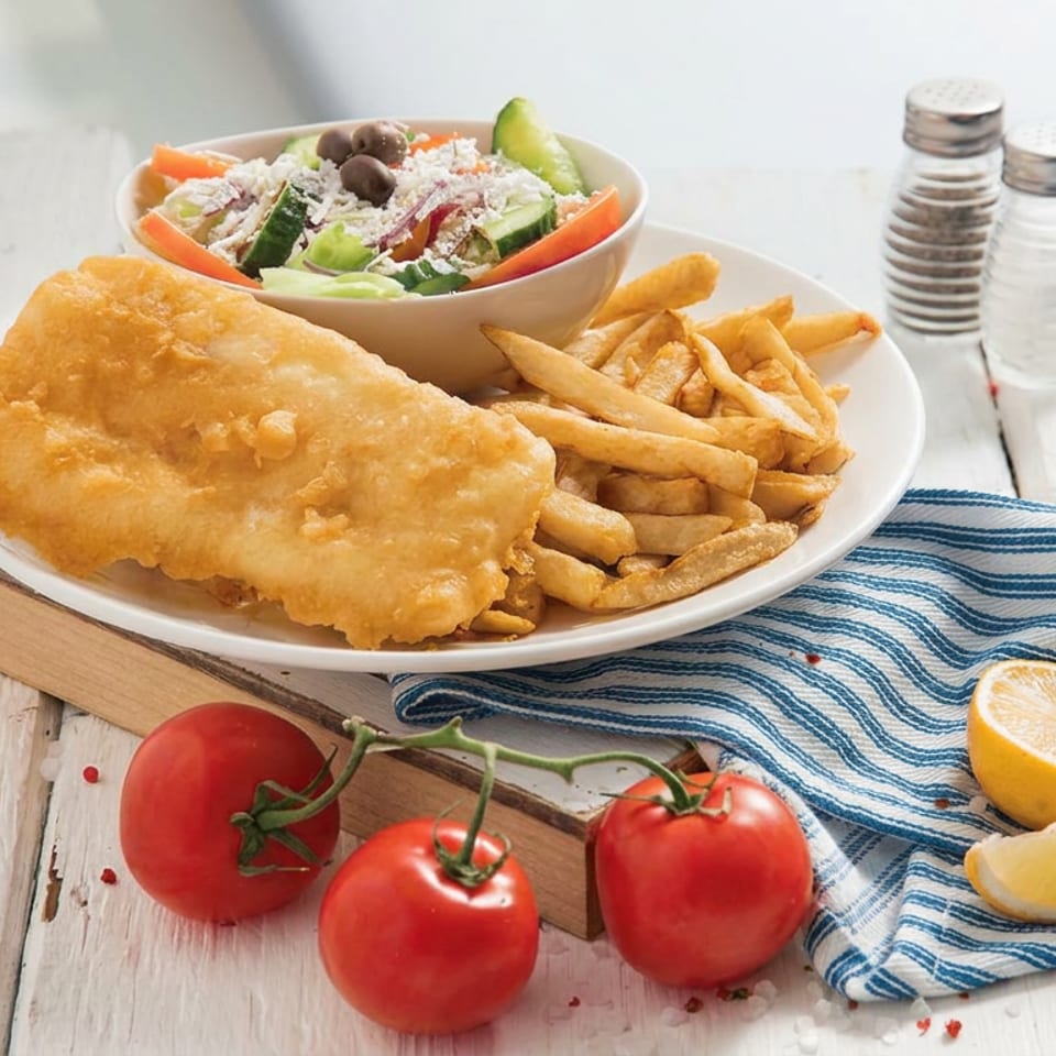 Plate of golden battered fish, fries, and Greek salad with tomatoes, lemon, and salt shakers on a rustic table.
