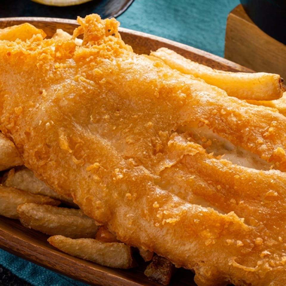Golden battered fish fillets served with thick fries on a wooden platter.