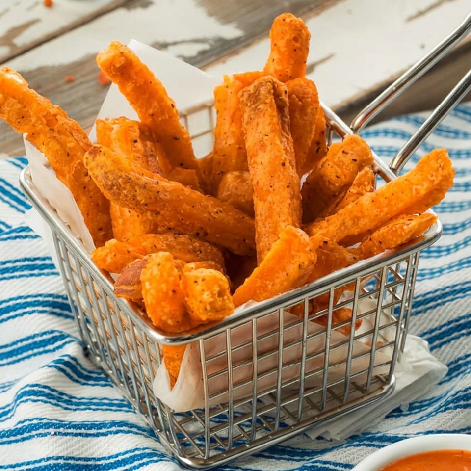 Seasoned sweet potato fries in a metal basket with dipping sauce on a blue-striped napkin atop a rustic wooden table.