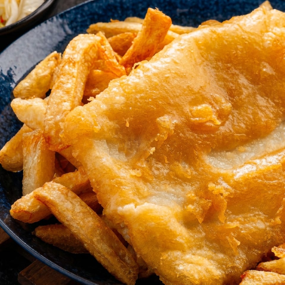 Golden-battered fish fillet served with thick-cut chips on a blue plate, alongside a bowl of shredded salad.